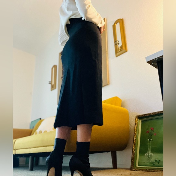 Vintage Midi Black High Waist Skirt Front Zipper Pure Wool Sz 6 - Picture 5 of 12